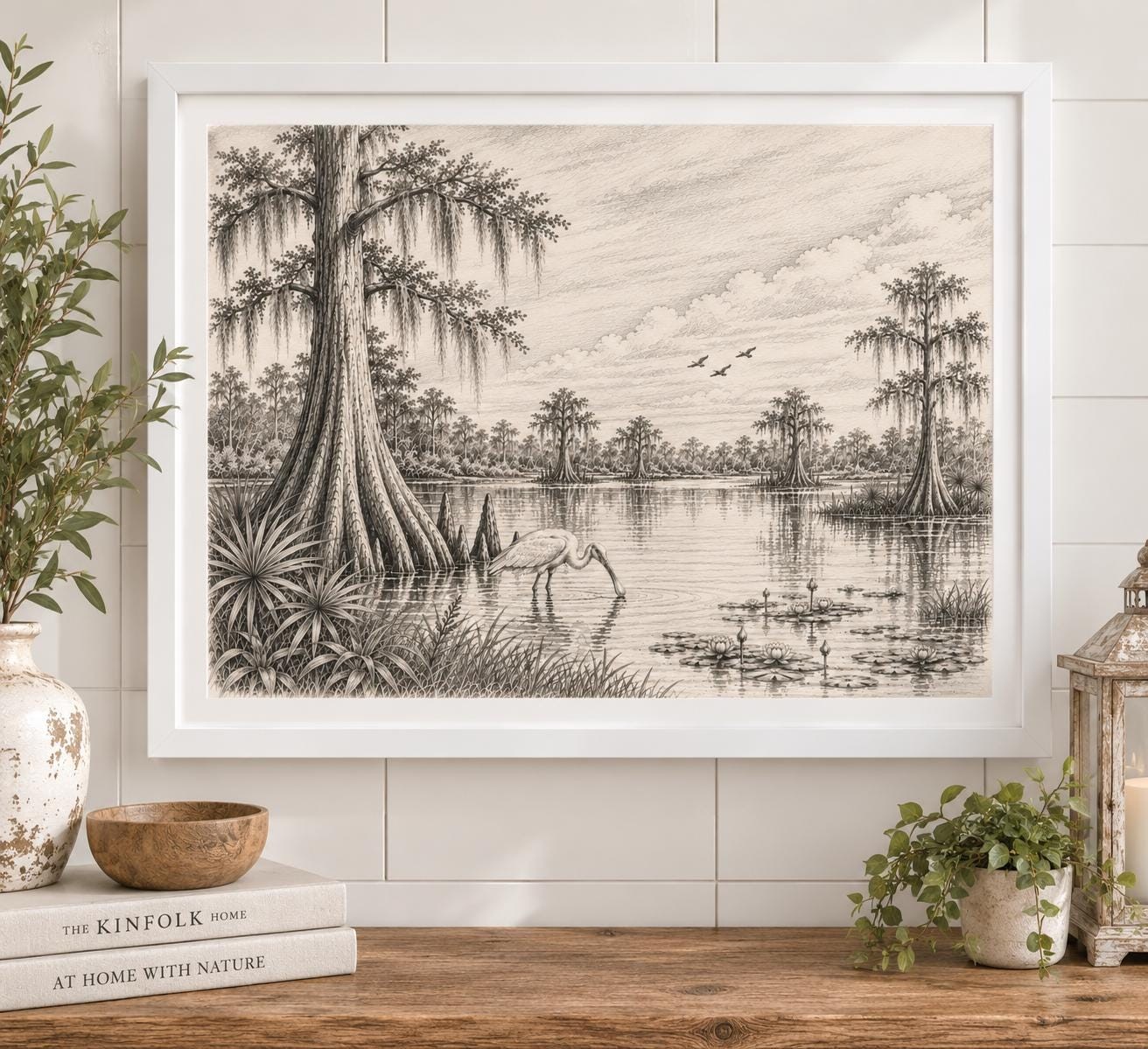 Florida Wetlands Wall Art Vintage Wetlands Wall Print Cypress Pencil Sketch Old Vintage Florida, detail 2