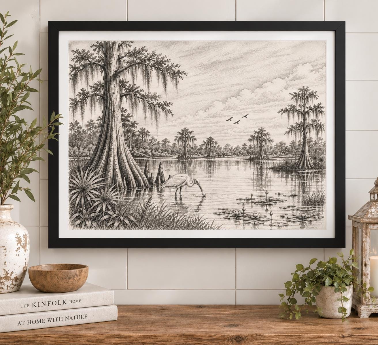 Florida Wetlands Wall Art Vintage Wetlands Wall Print Cypress Pencil Sketch Old Vintage Florida, detail 3