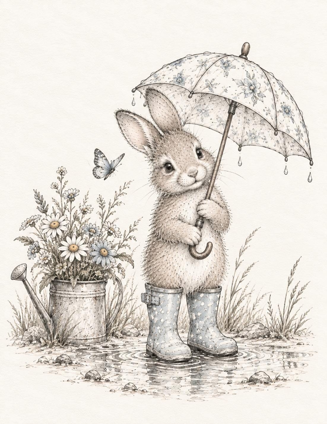 Whimsical Bunny Art Rainy Day Nursery Decor Cottagecore Rabbitt Floral Umbrella Rabbitt Nursery Woodland Animal Print