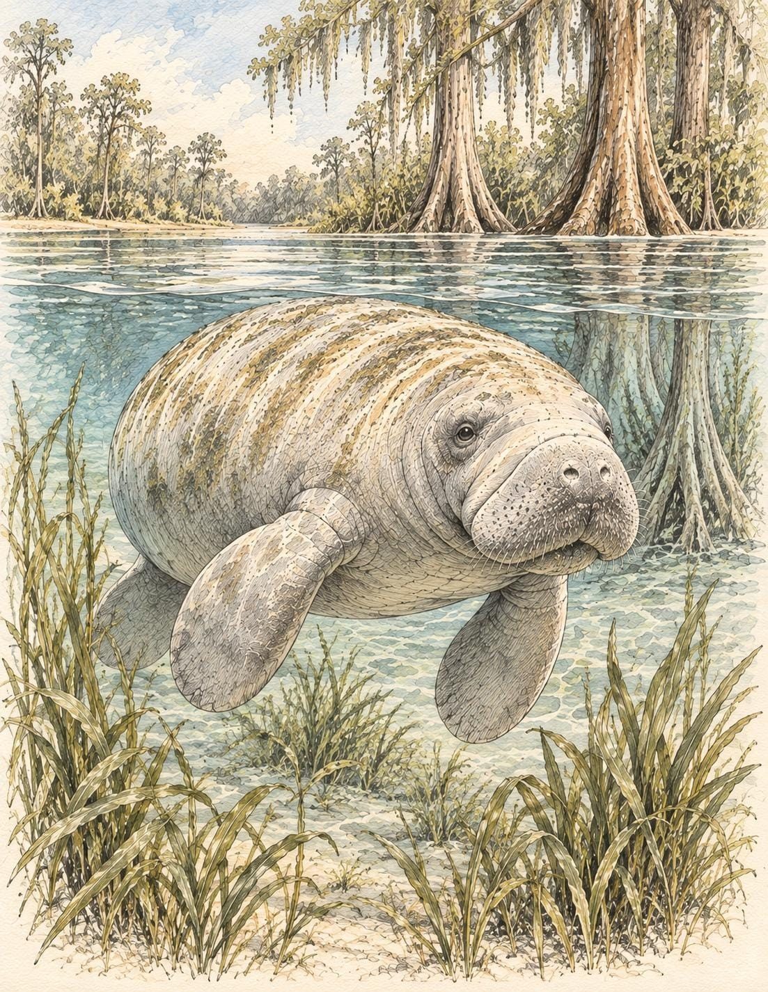 Vintage Florida manatee art print in soft coastal colors