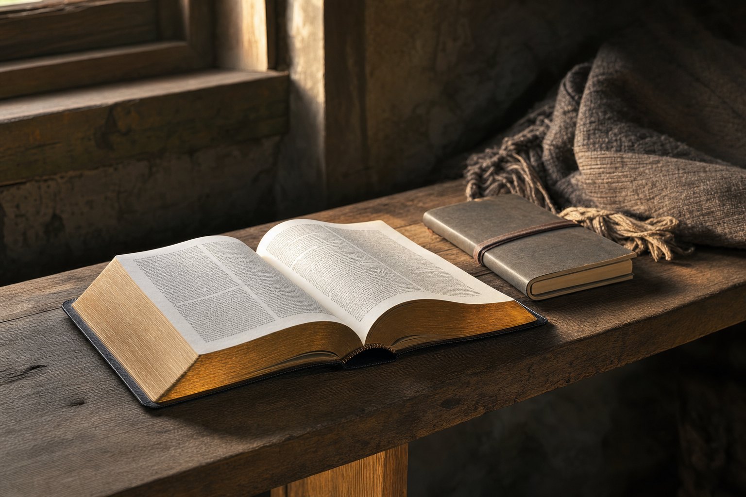 Biblia abierta y cuaderno sobre una mesa de madera