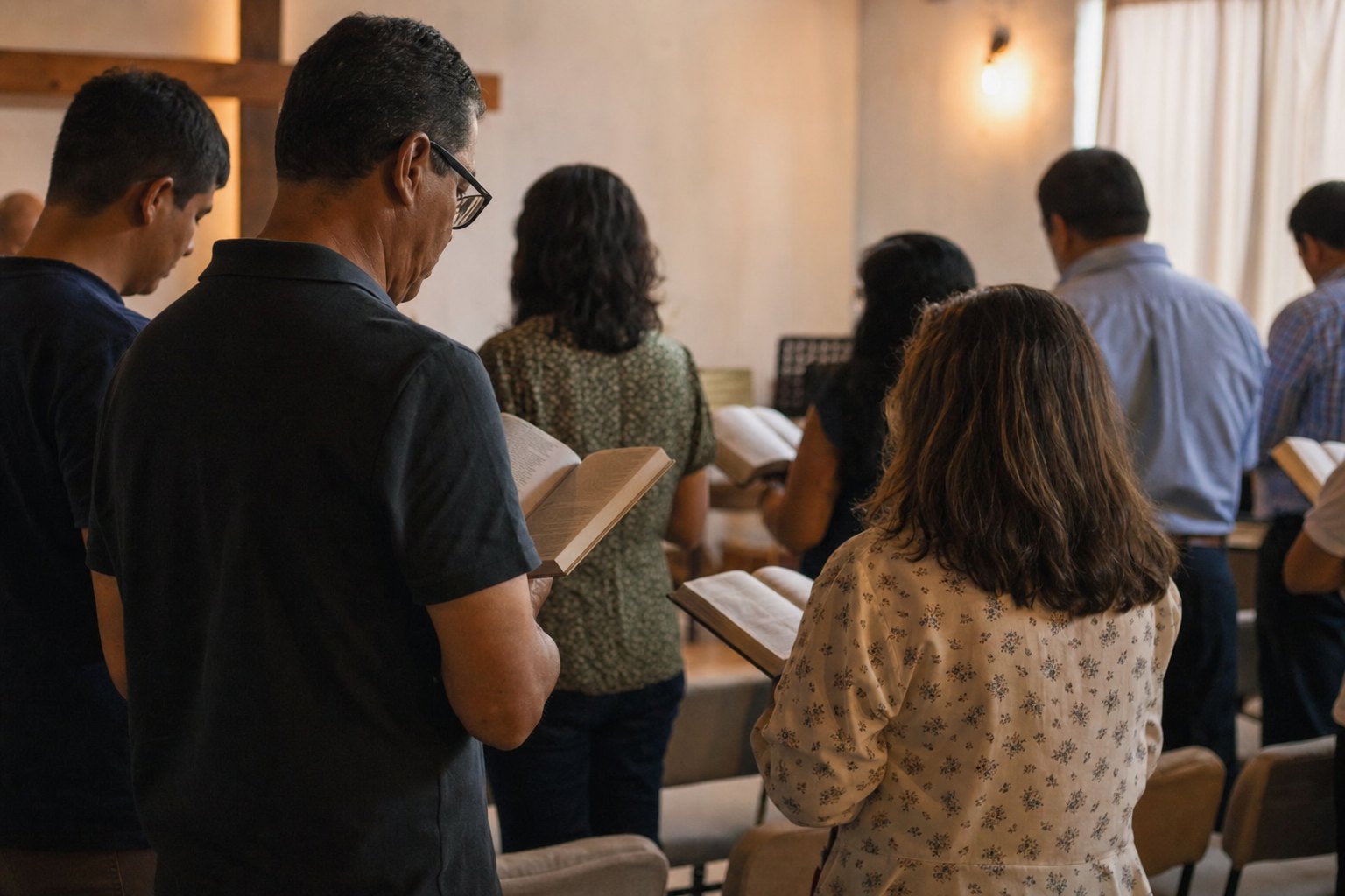 Comunidad reunida para leer la Biblia y adorar a Dios