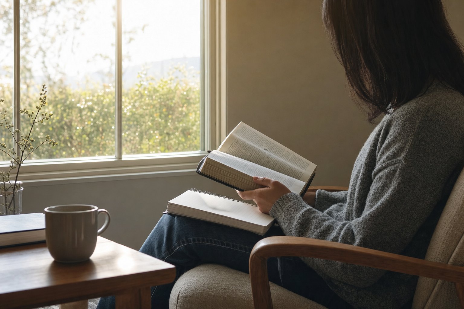 Persona leyendo la Biblia y orando en un momento de reflexión
