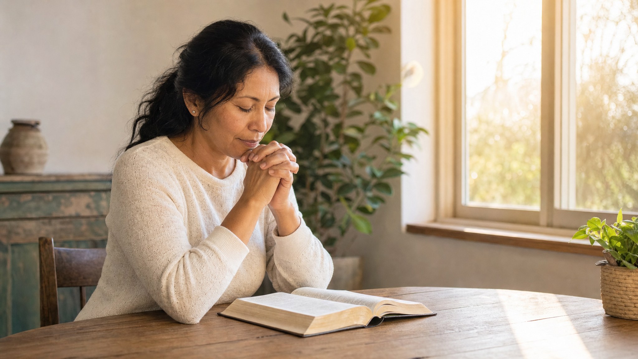 Mujer orando junto a una Biblia abierta en una mesa