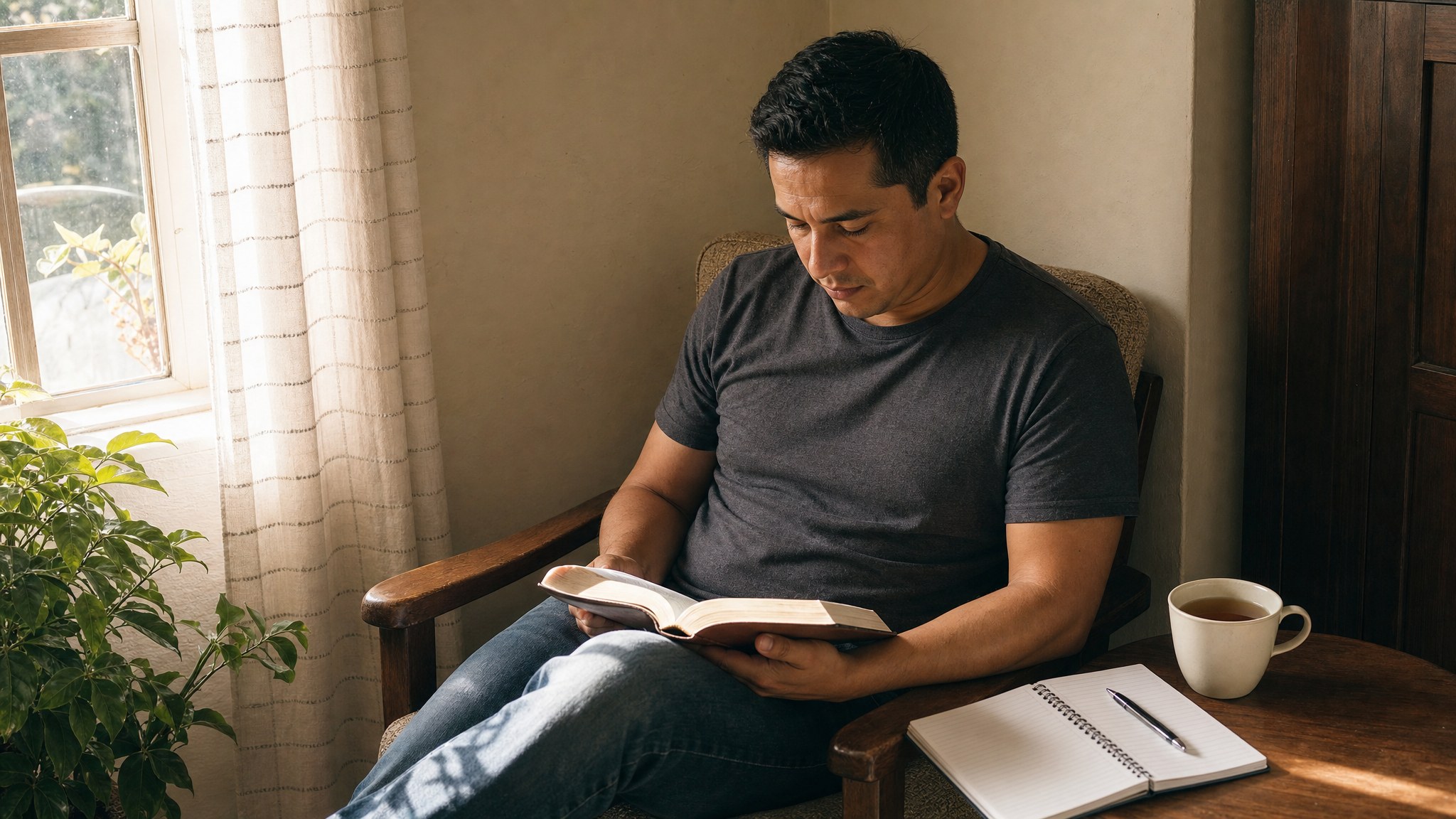 Hombre leyendo una Biblia junto a un cuaderno y una taza de té