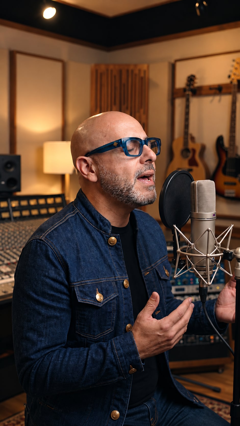 Gilbert Morales cantando frente a un micrófono de estudio