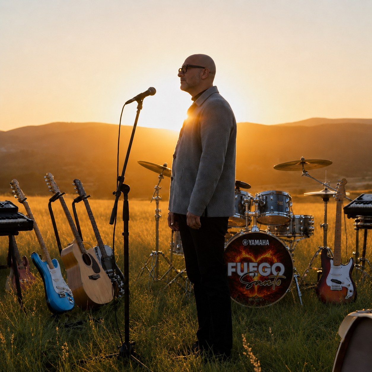 Gilbert Morales junto a instrumentos musicales al atardecer