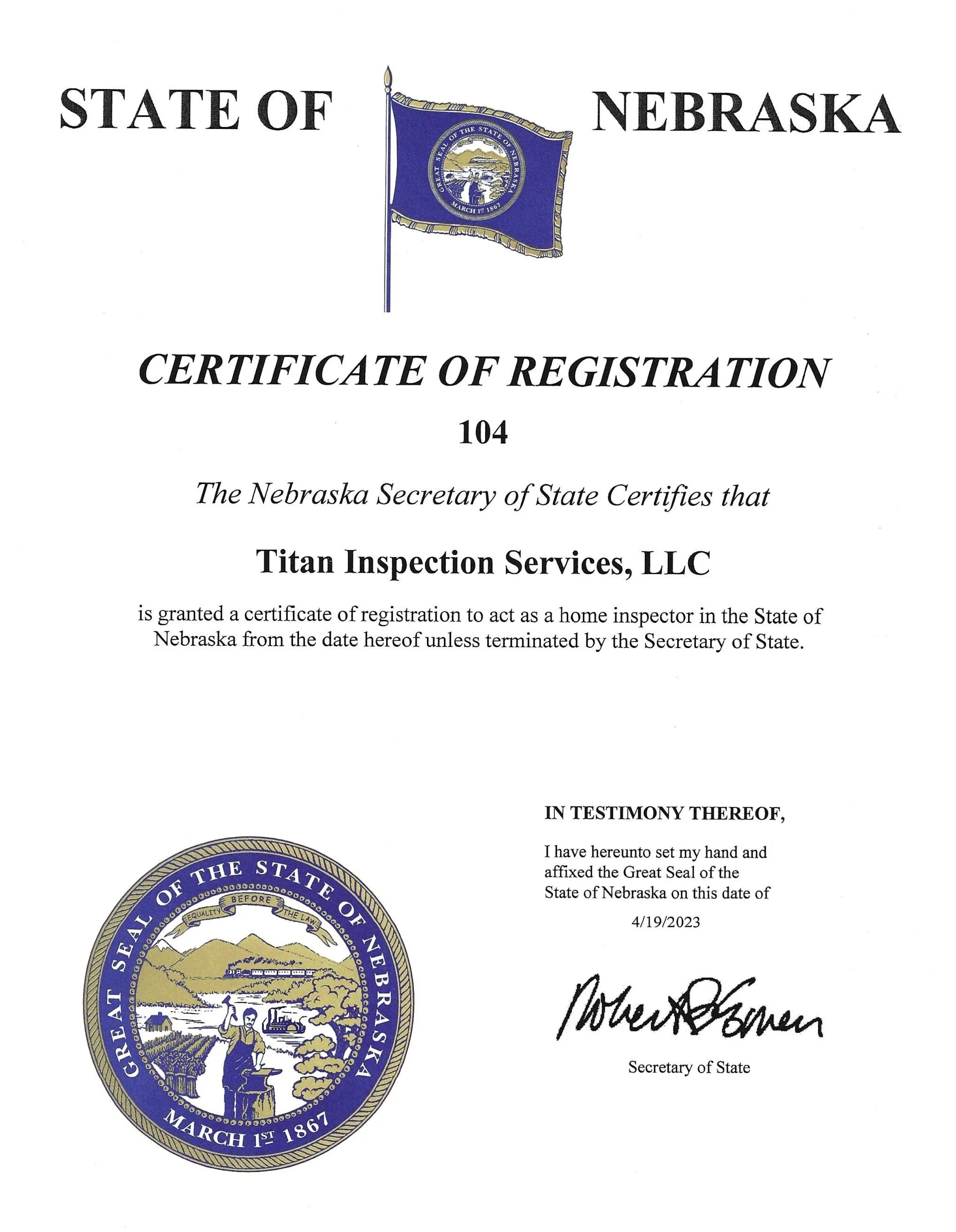 Nebraska business registration for Titan Inspection Services