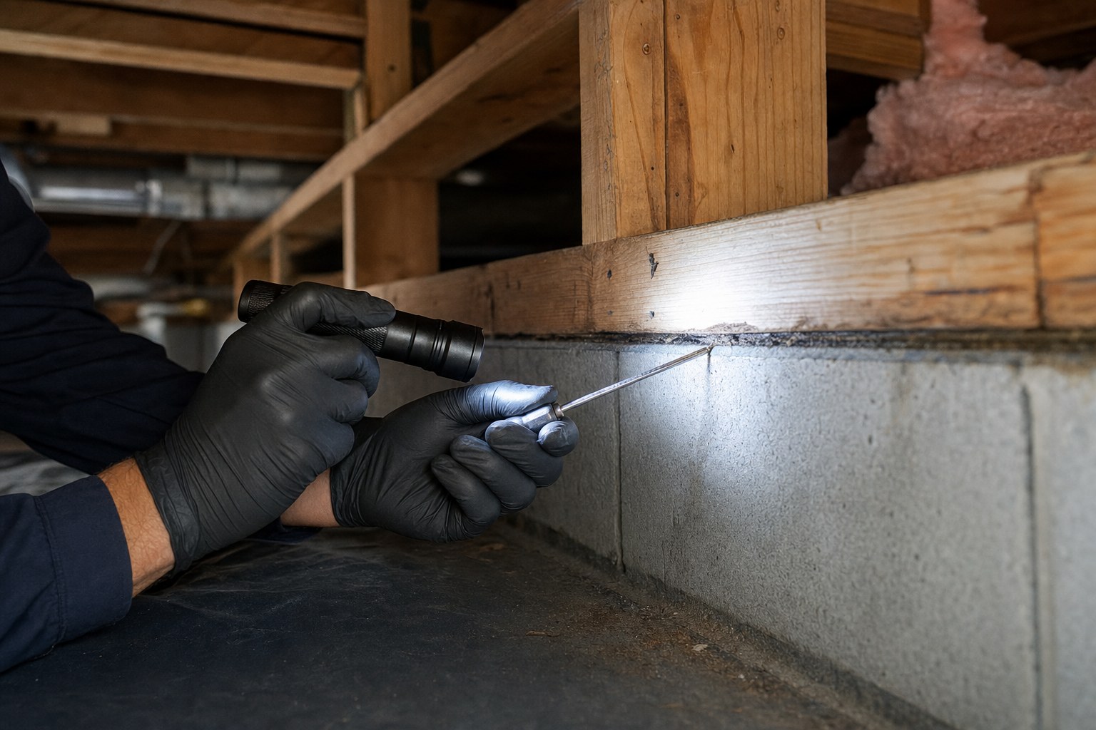 Inspector using a flashlight to inspect residential wood framing