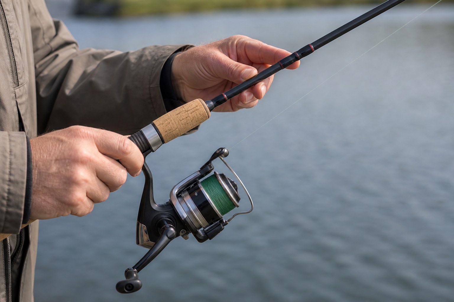Hands holding a spinning rod and reel with a finger controlling the fishing line