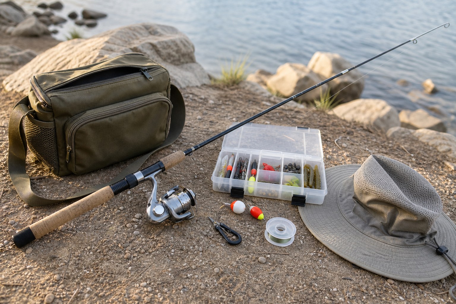 A simple beginner fishing setup with a spinning rod, tackle box, clippers, bag, and sun hat