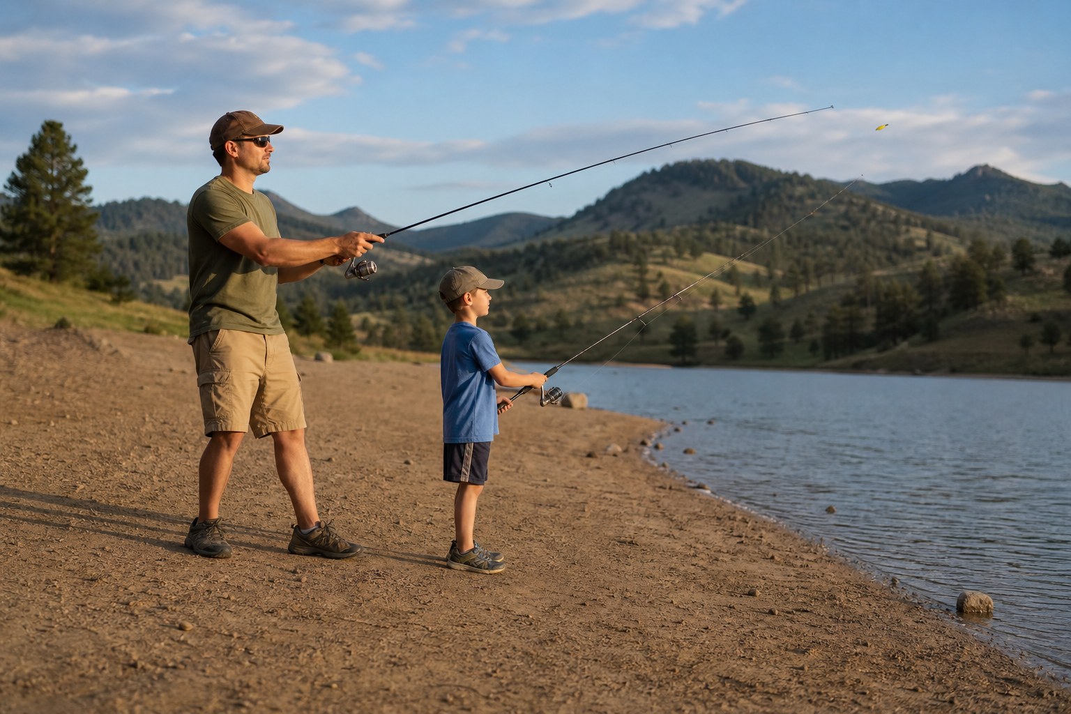 An adult and child practicing controlled casts with spinning rods on a Colorado lakeshore