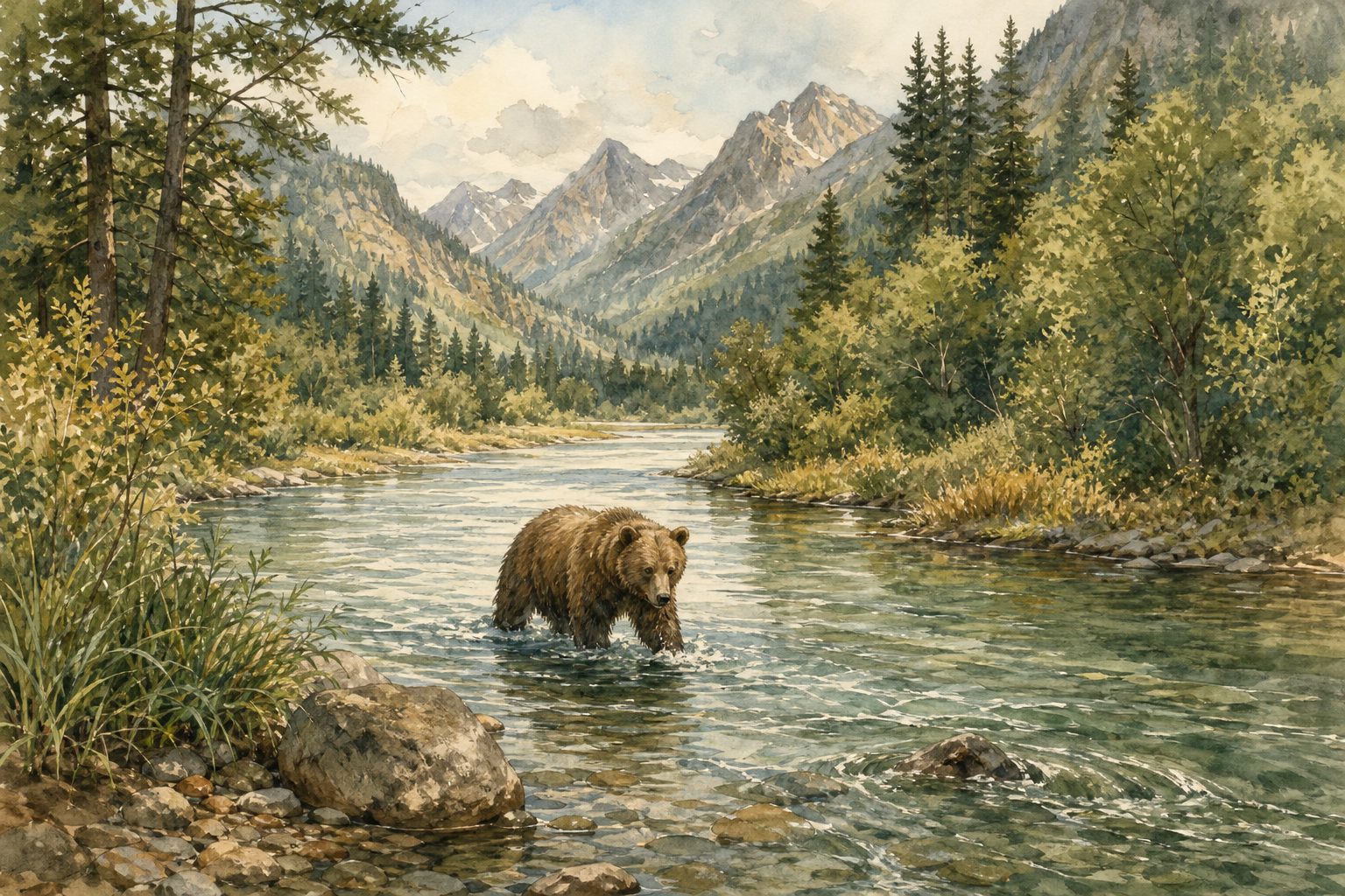 Watercolor illustration of a mountain river with natural banks and wildlife