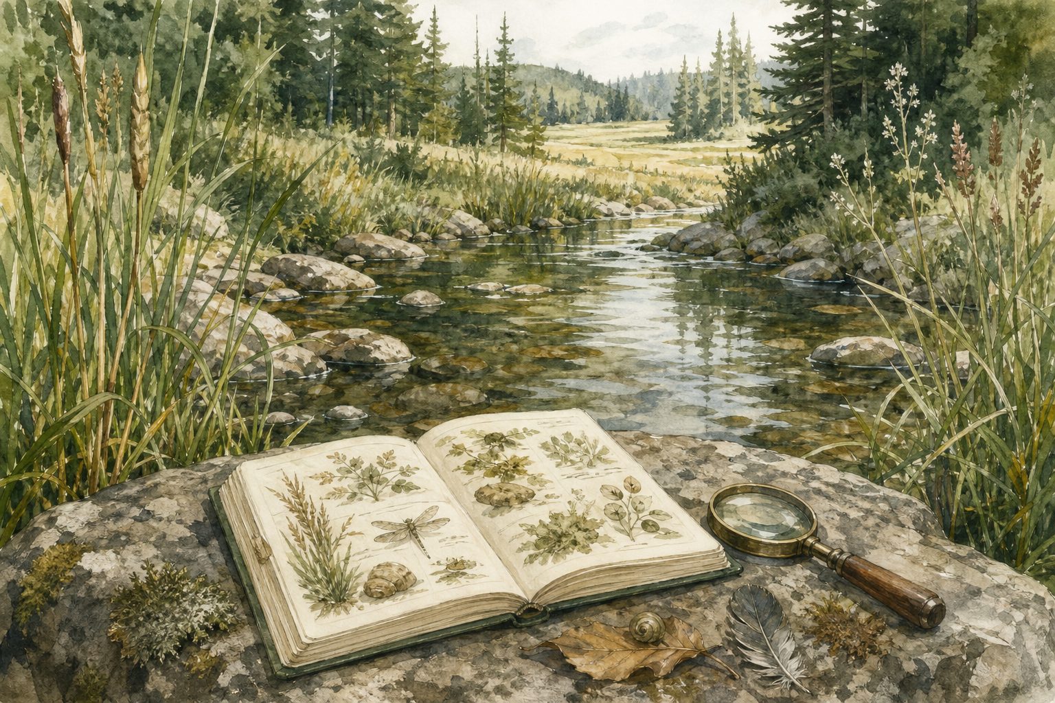 Watercolor illustration of a field journal and hand lens beside a stream