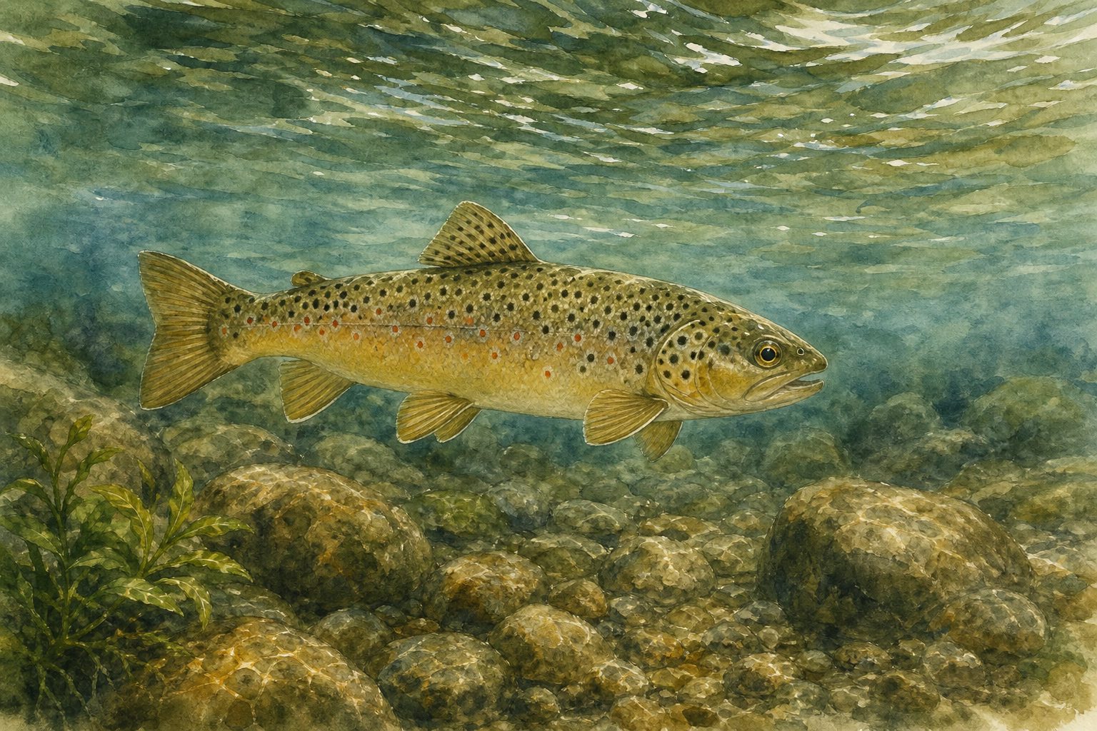 Watercolor illustration of a trout swimming freely in a clear stream