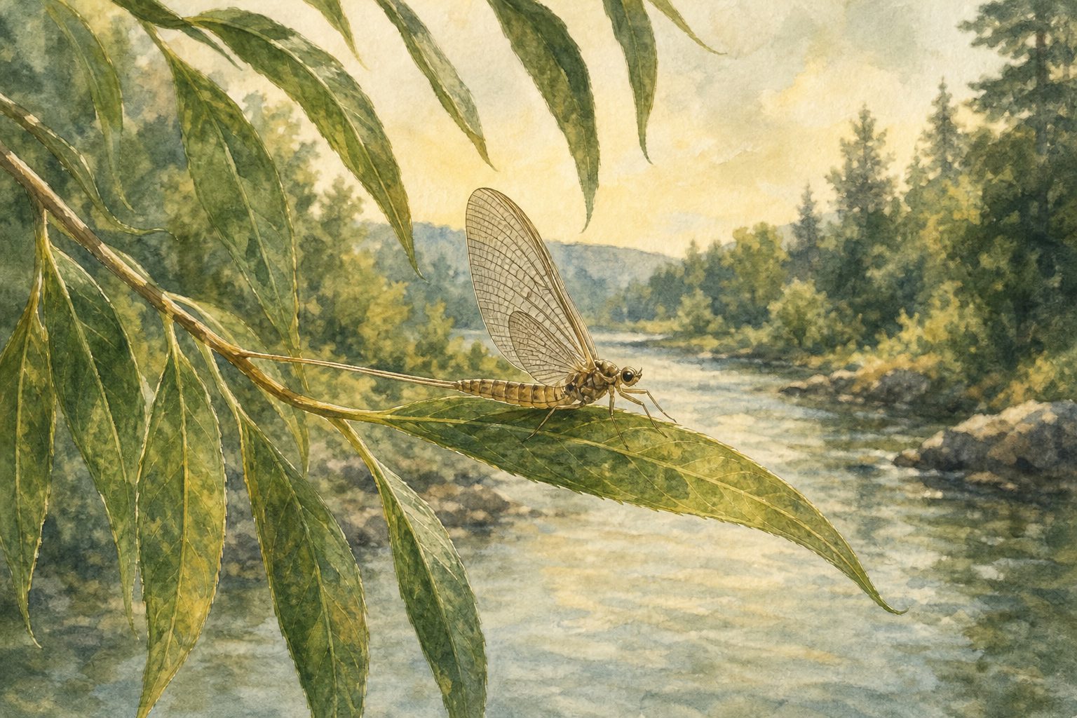 Watercolor illustration of an adult mayfly resting on a willow leaf beside a river