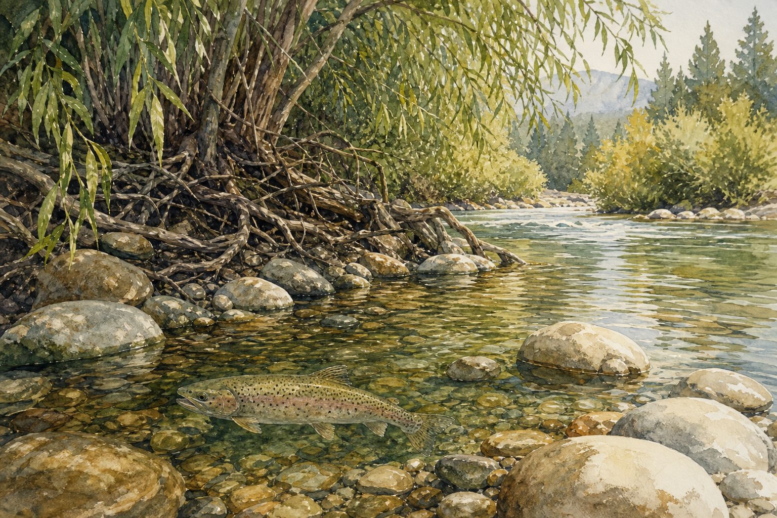 Watercolor illustration of a shaded riverbank with willow roots, stones, and a trout