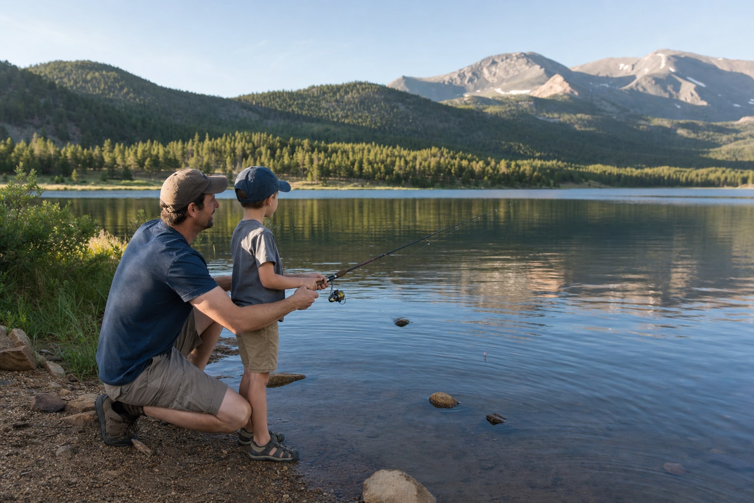 An adult helping a child fish from the shore of a Colorado mountain lake