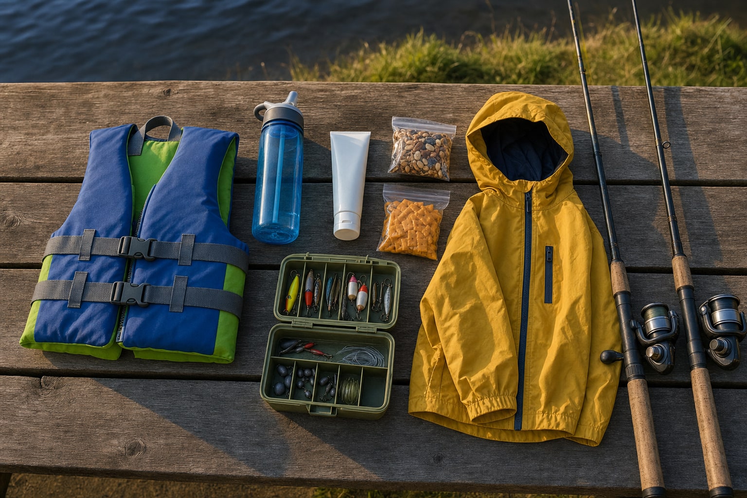 Family fishing essentials including a child-size life jacket, rain jacket, snacks and fishing rods