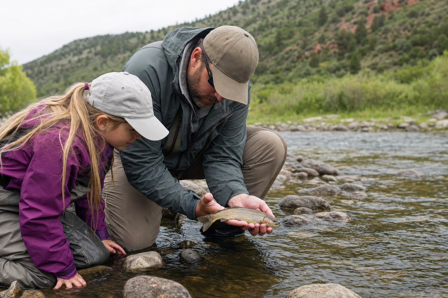 An adult showing a child how to hold a small trout close to the water for release