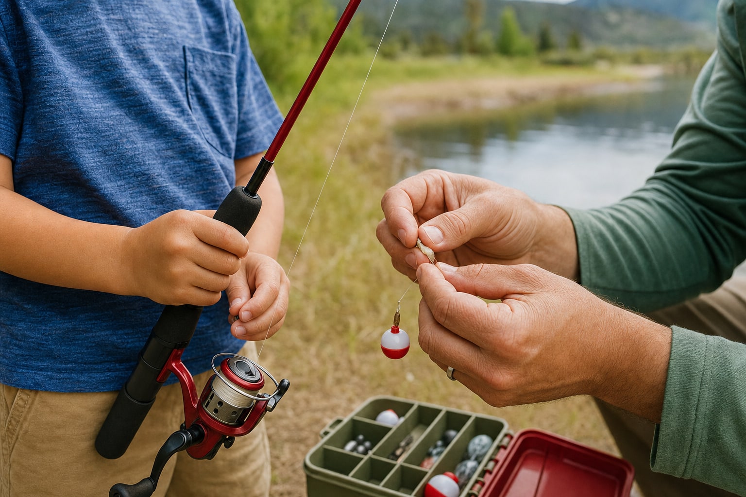 An adult helping a child set up a simple spinning rod with a bobber