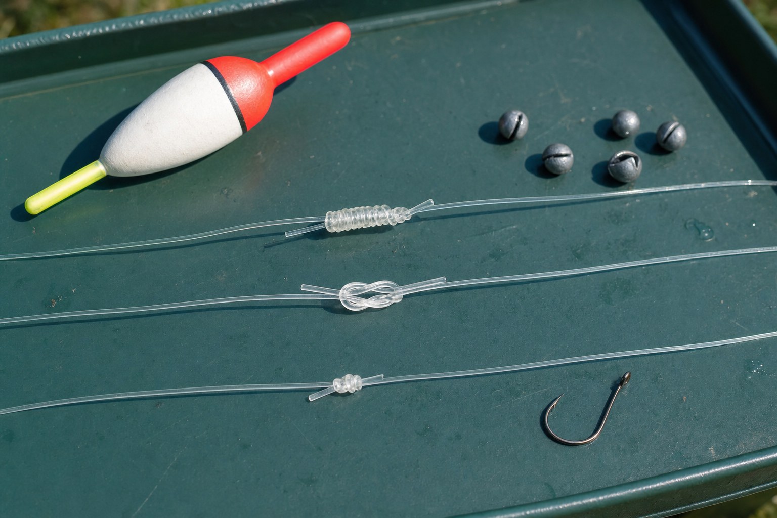 Simple fishing knots tied in clear line beside a bobber, weights, and hook