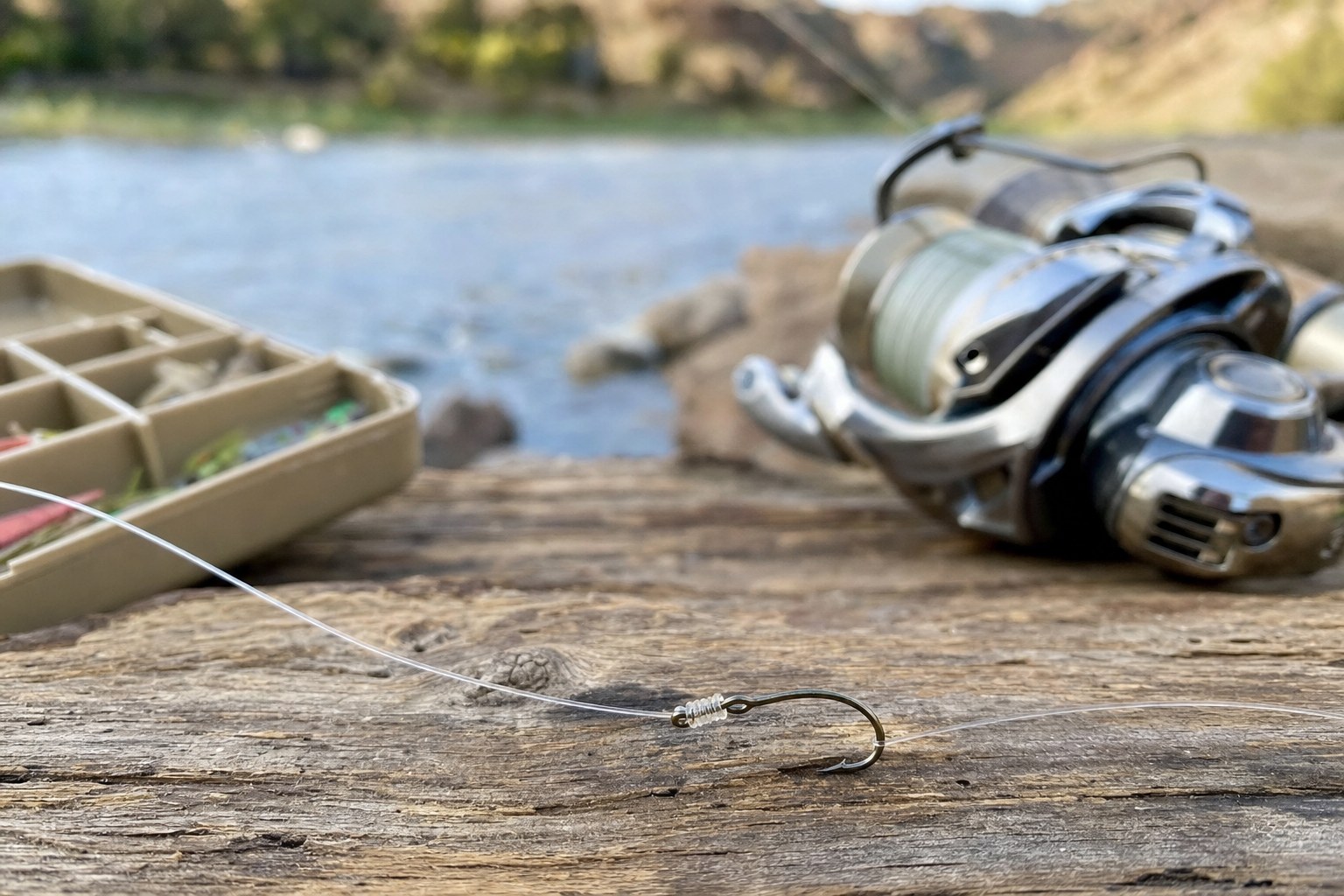 A simple fishing knot tied to a hook beside a spinning reel and tackle box