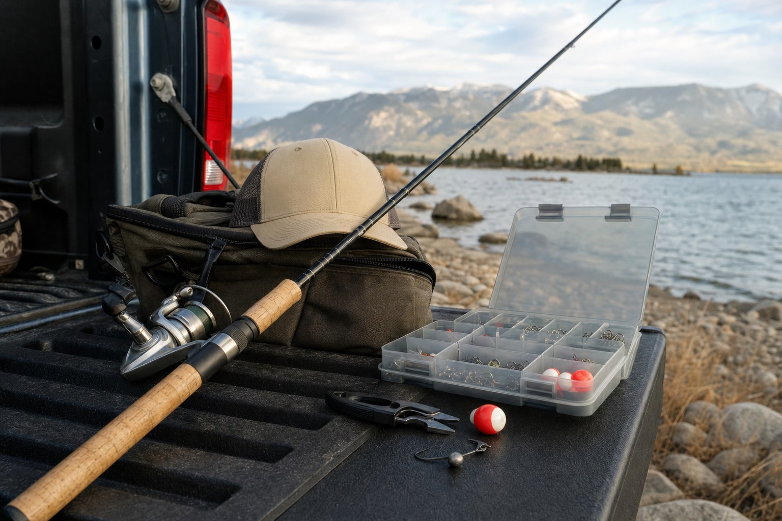 A compact beginner fishing kit with spinning rod, tackle box, clippers, hooks, and bobbers