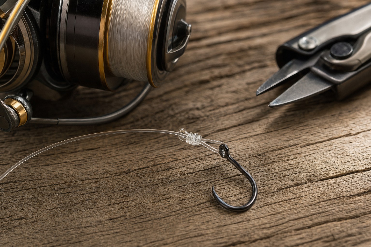 A Palomar fishing knot tied to a hook beside a spinning reel and line clippers