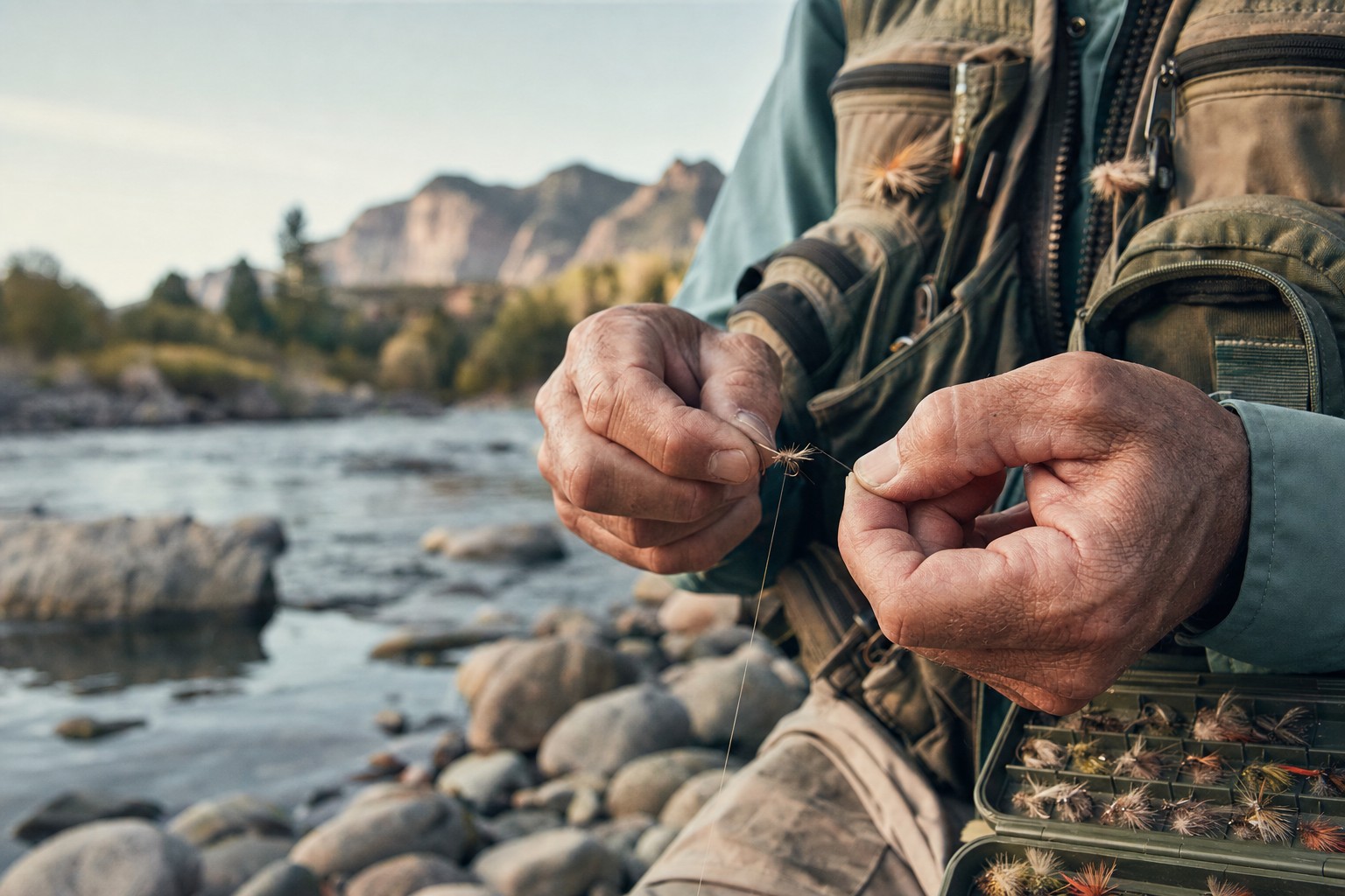 Hands tying a fly beside a Colorado river