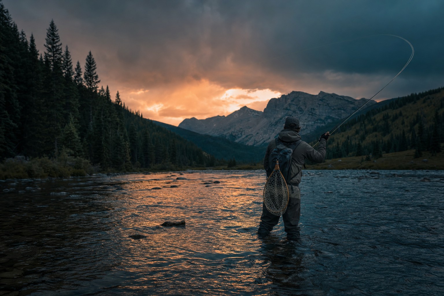 Fly angler standing in a Colorado mountain river at dusk