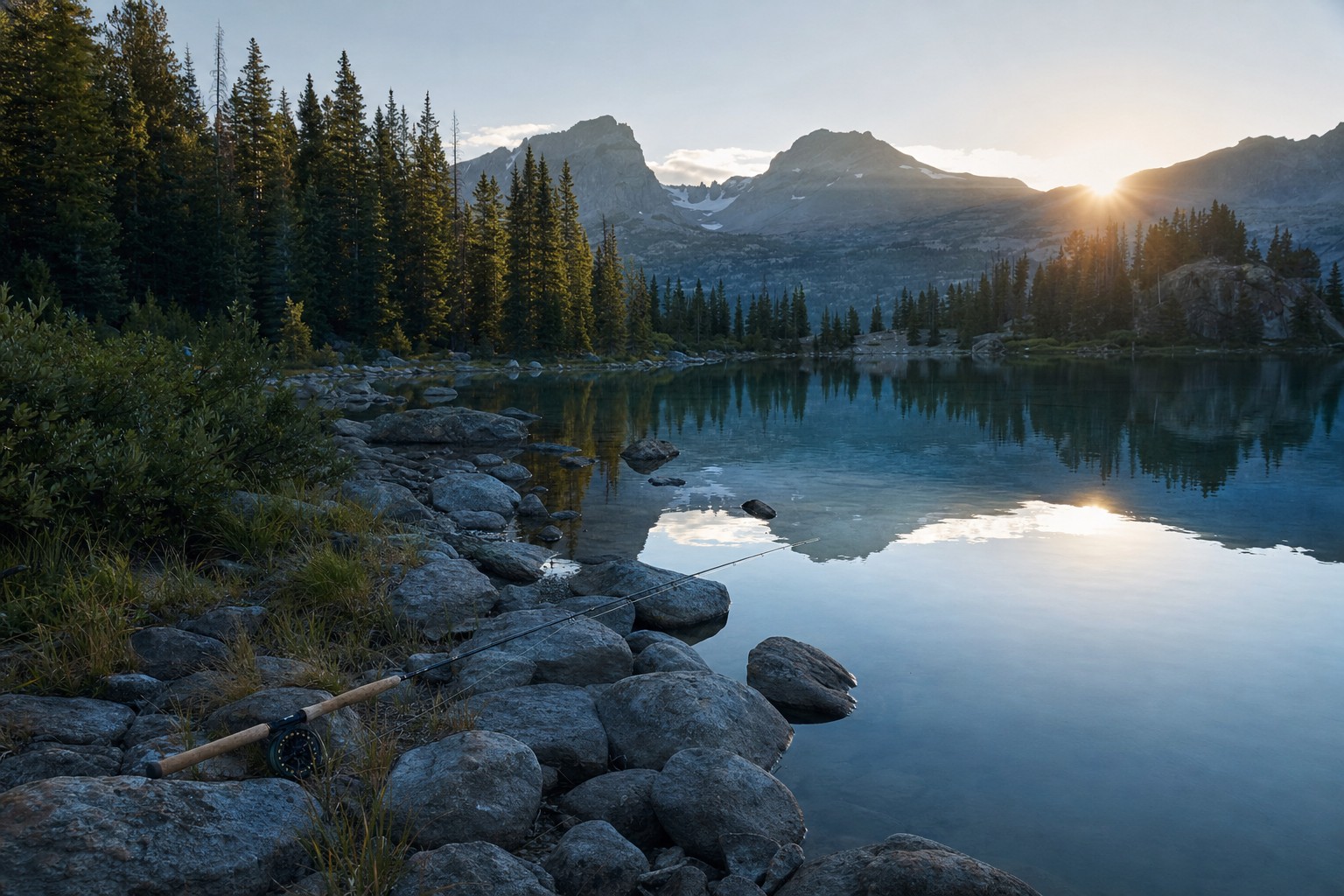 Colorado alpine lake at sunrise with a fishing rod on the shore