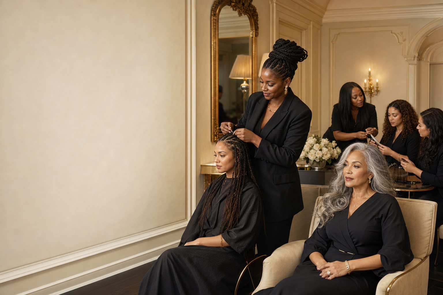 Acts Beauty stylist caring for clients of different generations in an elegant beauty suite