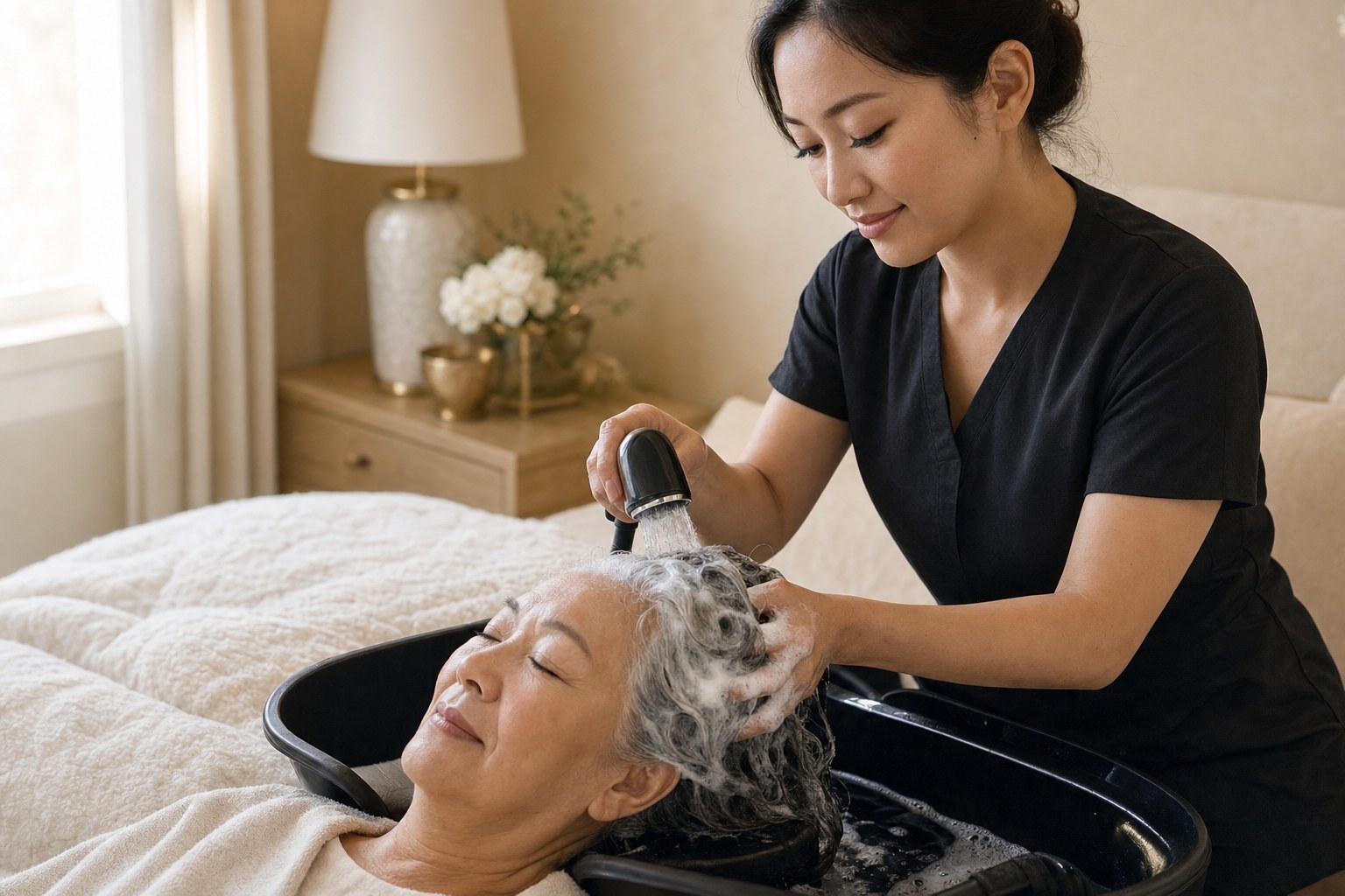 Stylist washing a senior client's hair during an in-home appointment