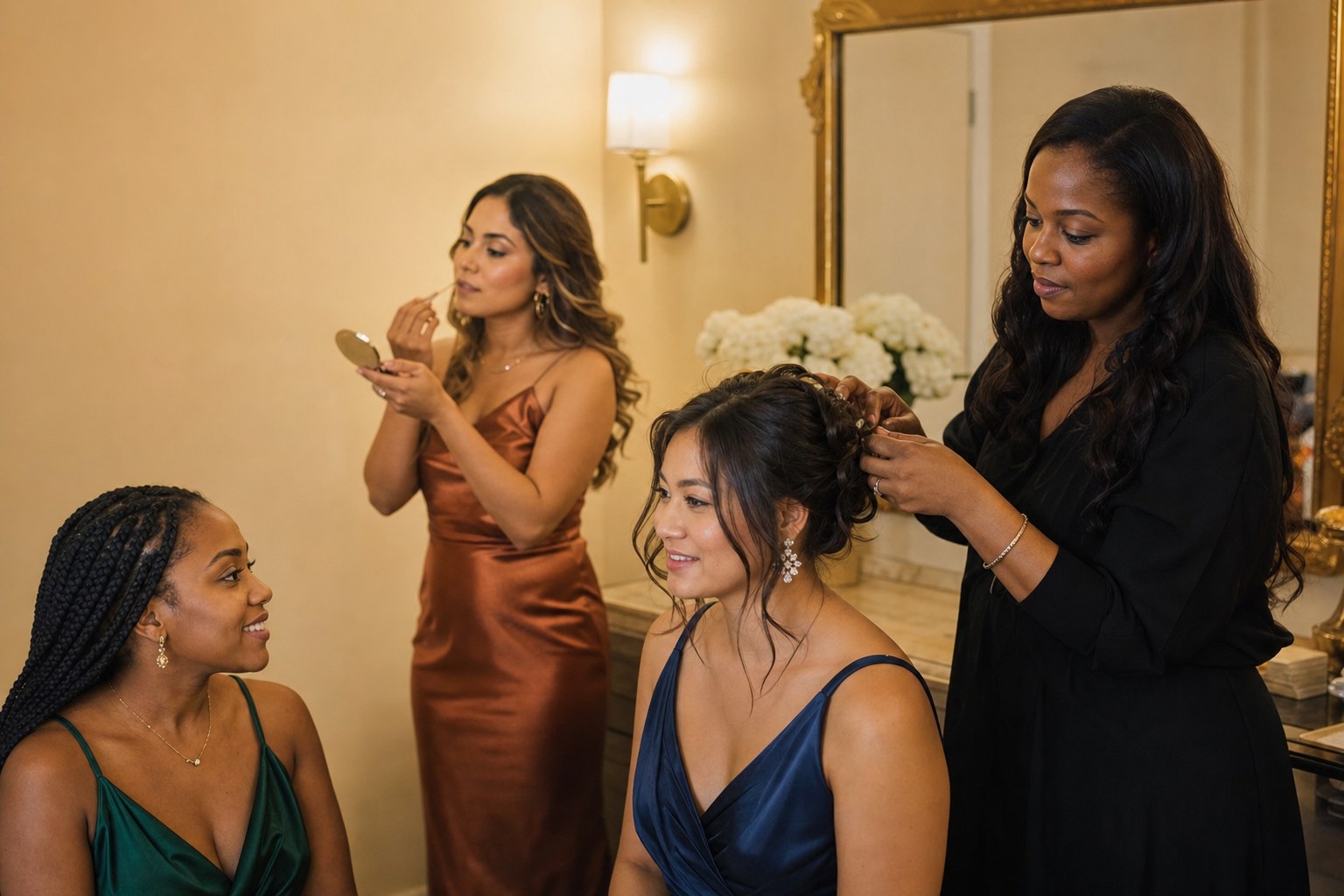 Women preparing for an elegant special occasion with professional hair styling