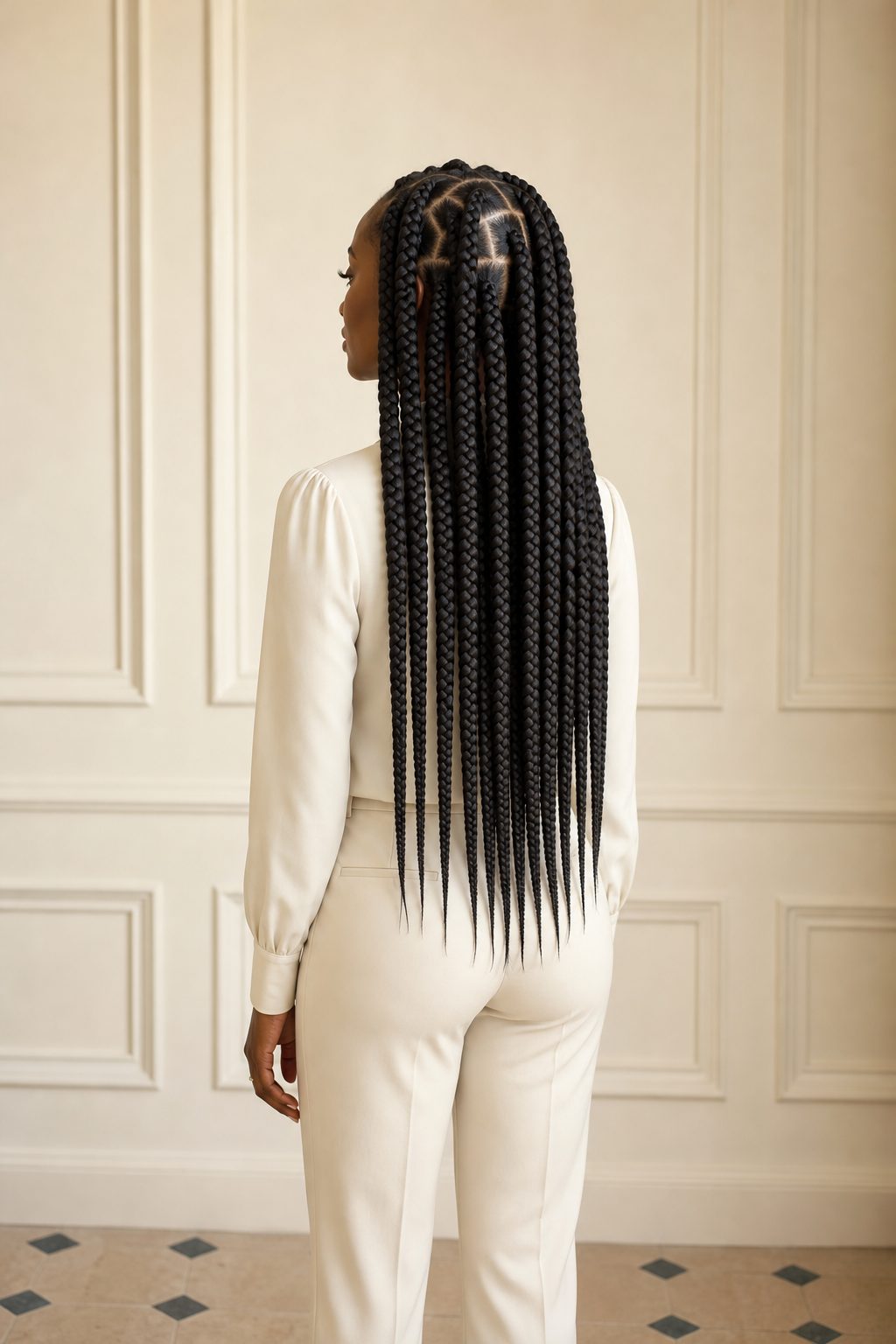 Illustrative box braid style showing the full braids from crown to ends