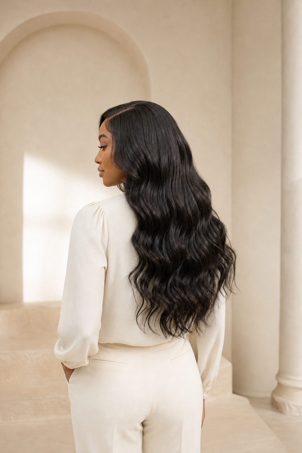 Illustrative sew-in style with the full flowing hairstyle visible