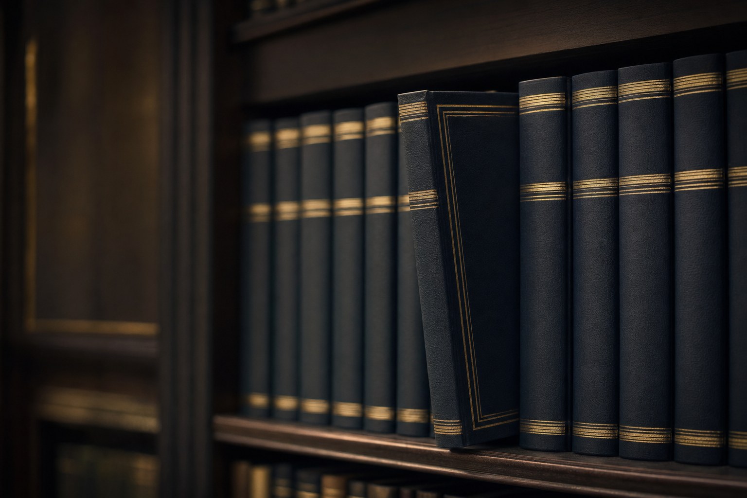 Dark blue reference books on a library shelf