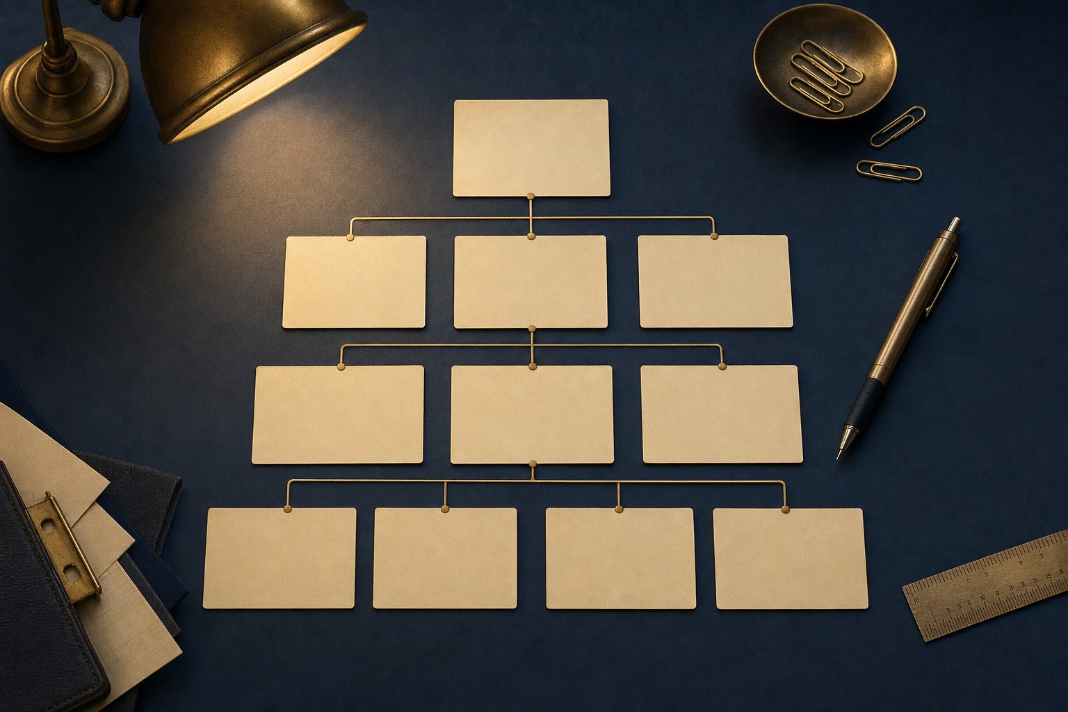 Blank planning cards organized into a career map on a navy desk