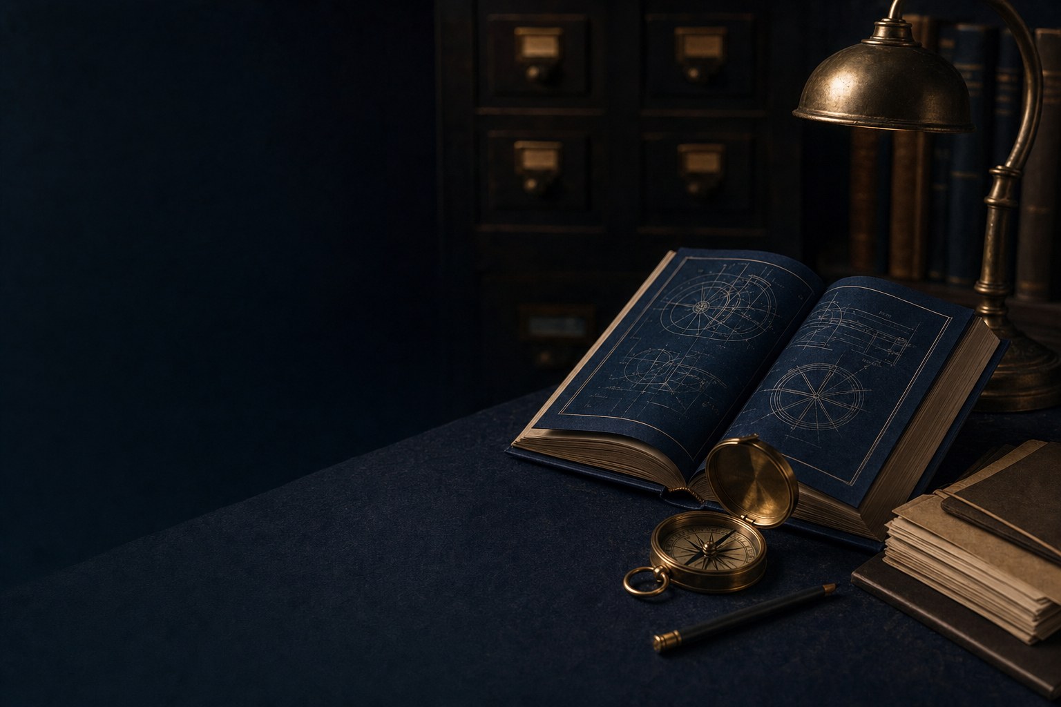 Technical reference book and compass on a dark desk