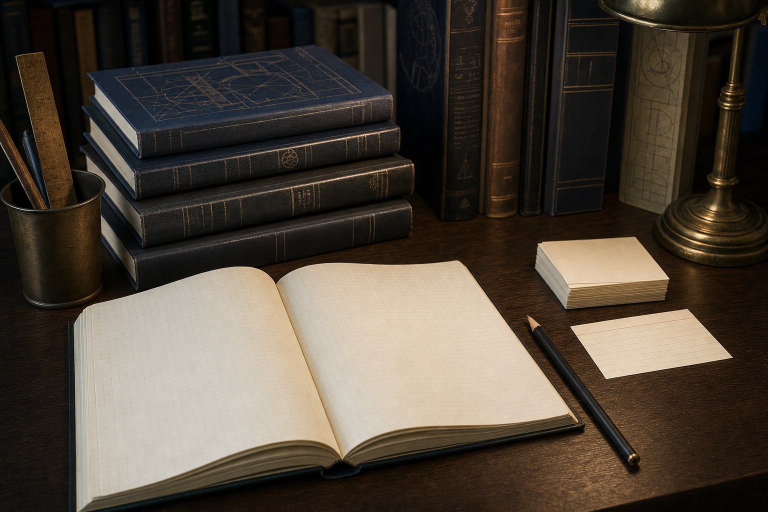 Open notebook and technical books arranged for focused study