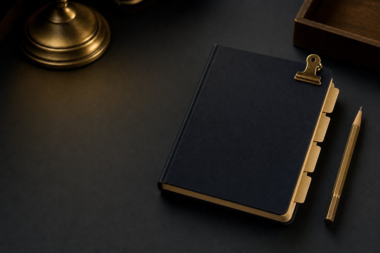 Tabbed field notebook, brass clip, and pencil on a dark desk