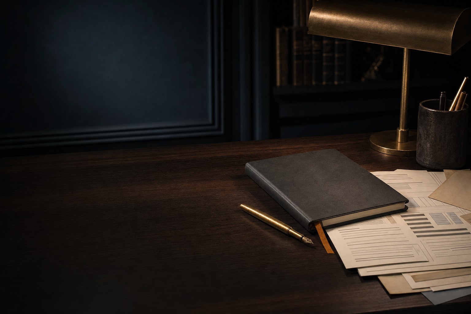 Dark writing desk with a notebook, brass pen, and desk lamp