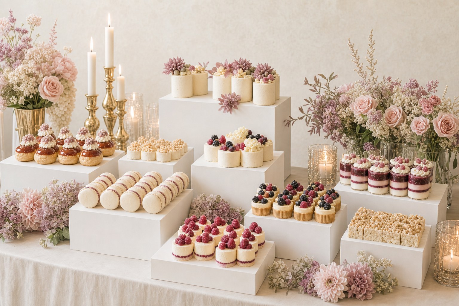Wedding dessert display with pastries and mini desserts