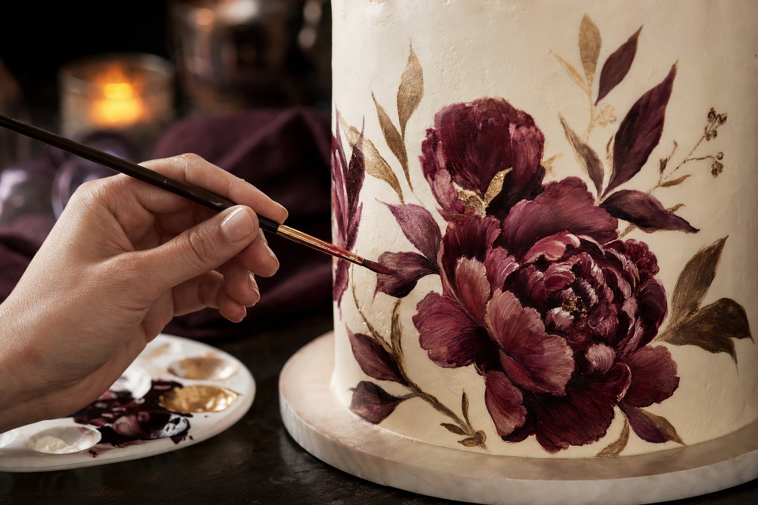 Fine brush painting burgundy floral edible art on ivory buttercream