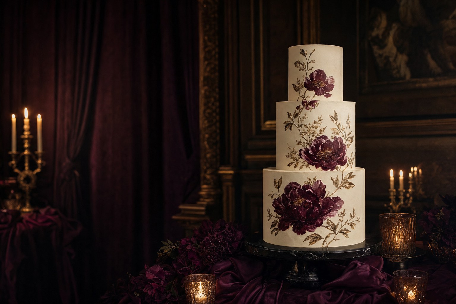 Hand-painted ivory wedding cake with burgundy botanical florals in a candlelit setting