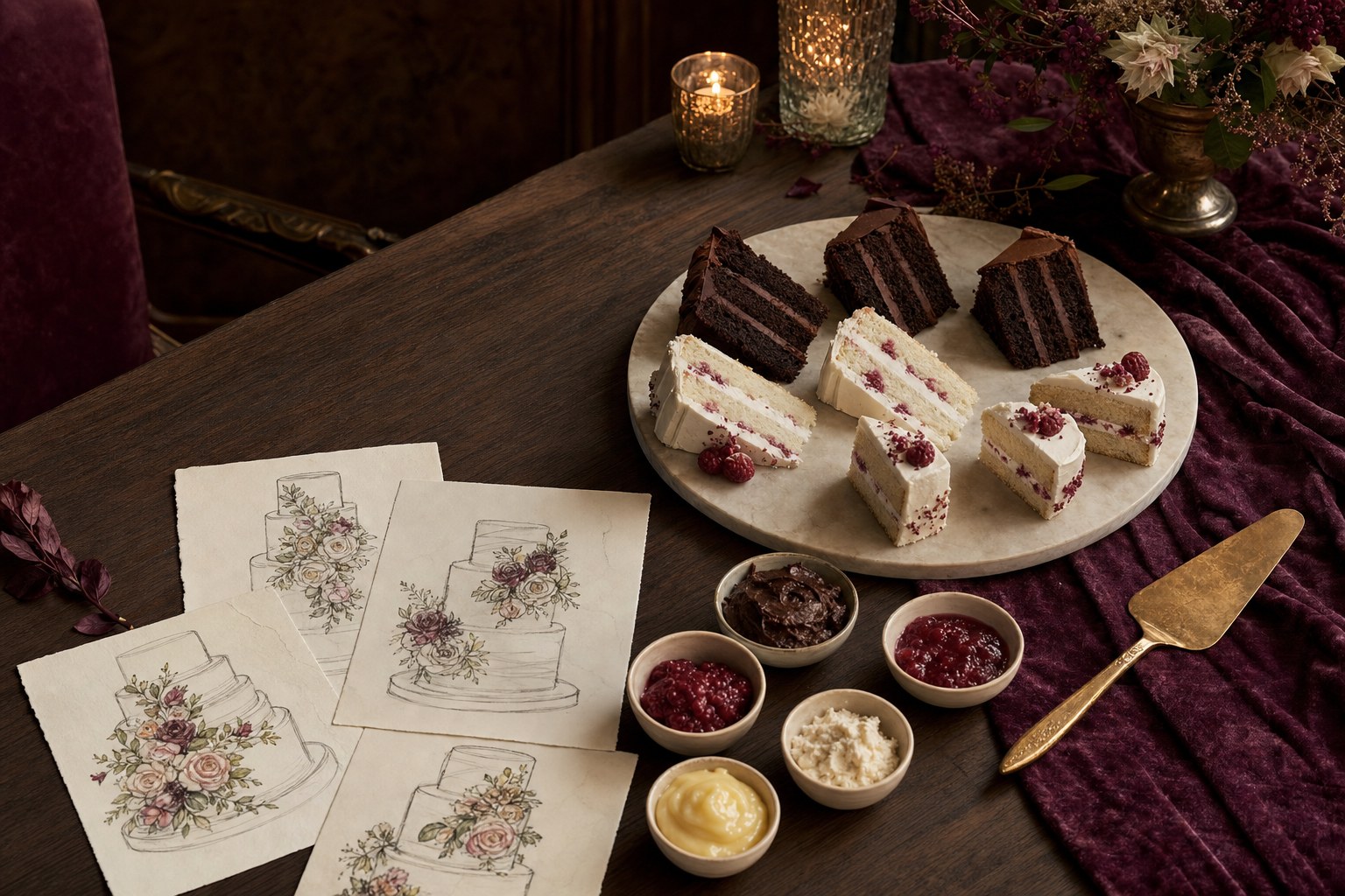 Wedding cake tasting with cake slices, fillings, and floral design sketches