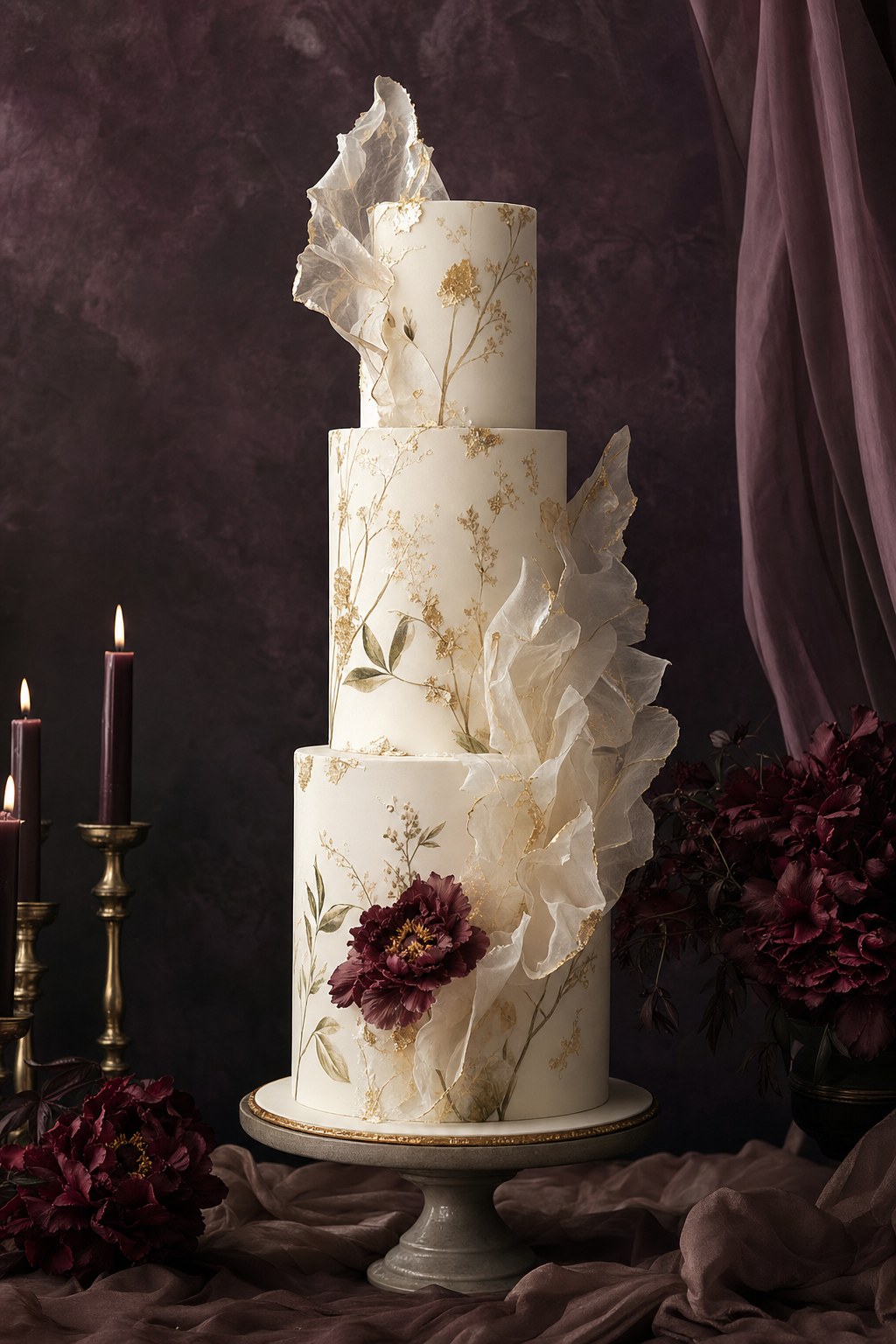 Tall ivory wedding cake with wafer paper and gold botanical detail
