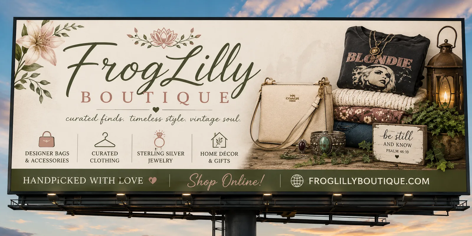 Froglilly Boutique banner showing fashion, handbags, jewelry, and home decor