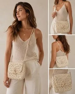 Anthropologie Cream Woven Crochet Crossbody Bag with Knot Detail